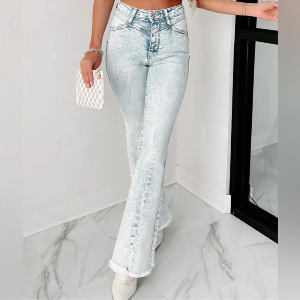 Kancan light wash acid wash high rise flare boho bohemian raw hem denim jeans - Picture 11 of 13